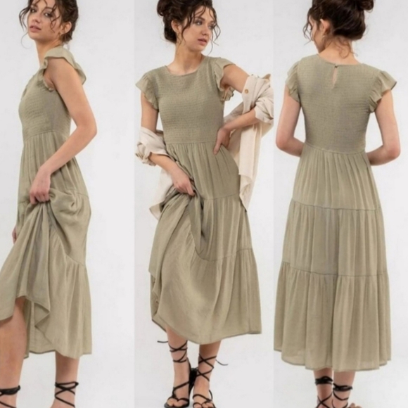 [ Roolee Boho Minimalist Modest Light Olive Green Smocked Ruffled Midi Dress ] - Picture 13 of 15